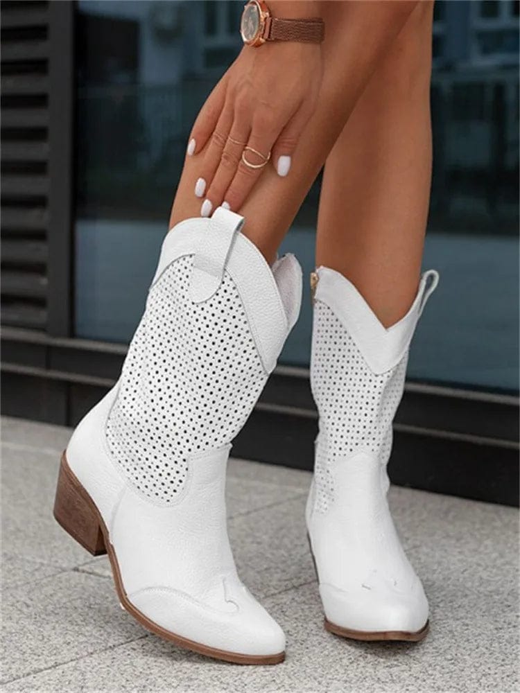 Women's Western Boots - Perforated Panel Design and Block Heel Detail