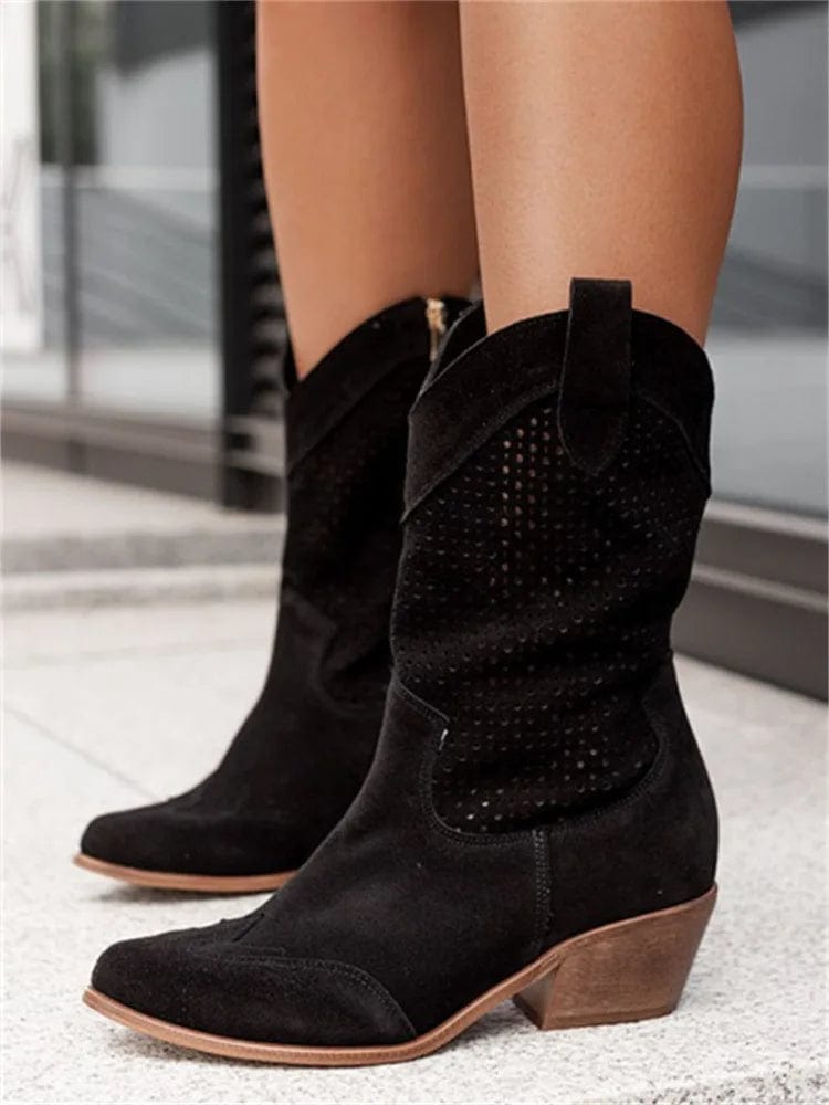 Women's Western Boots - Perforated Panel Design and Block Heel Detail