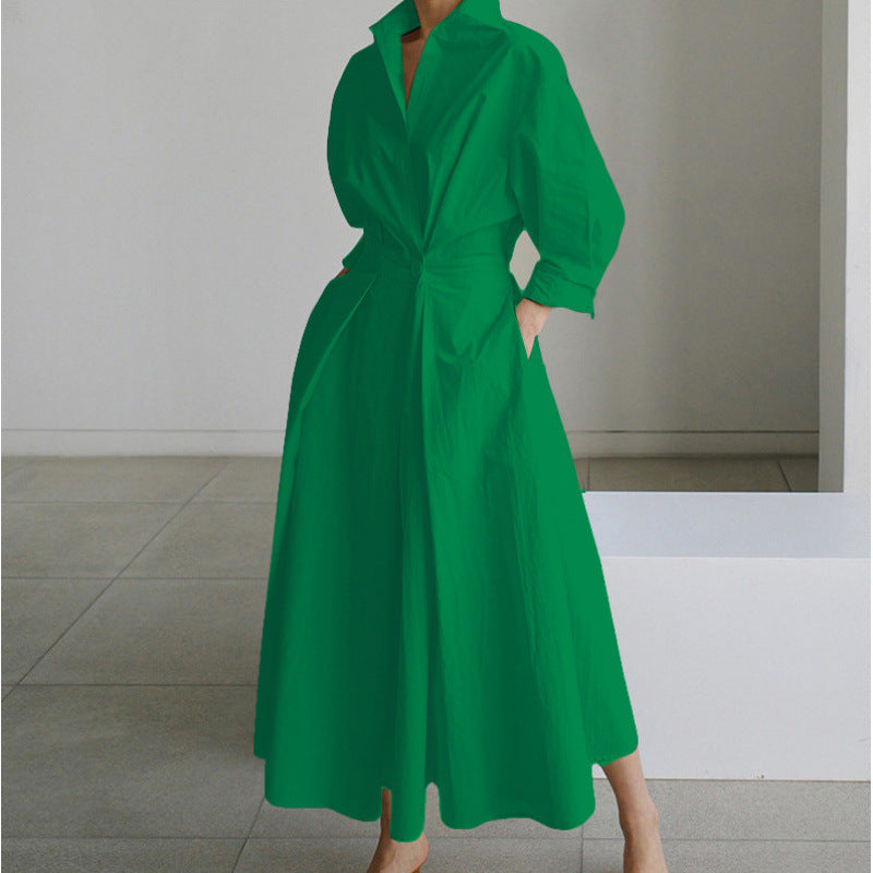 Women's Wrap Midi Dress Collared Long Sleeve