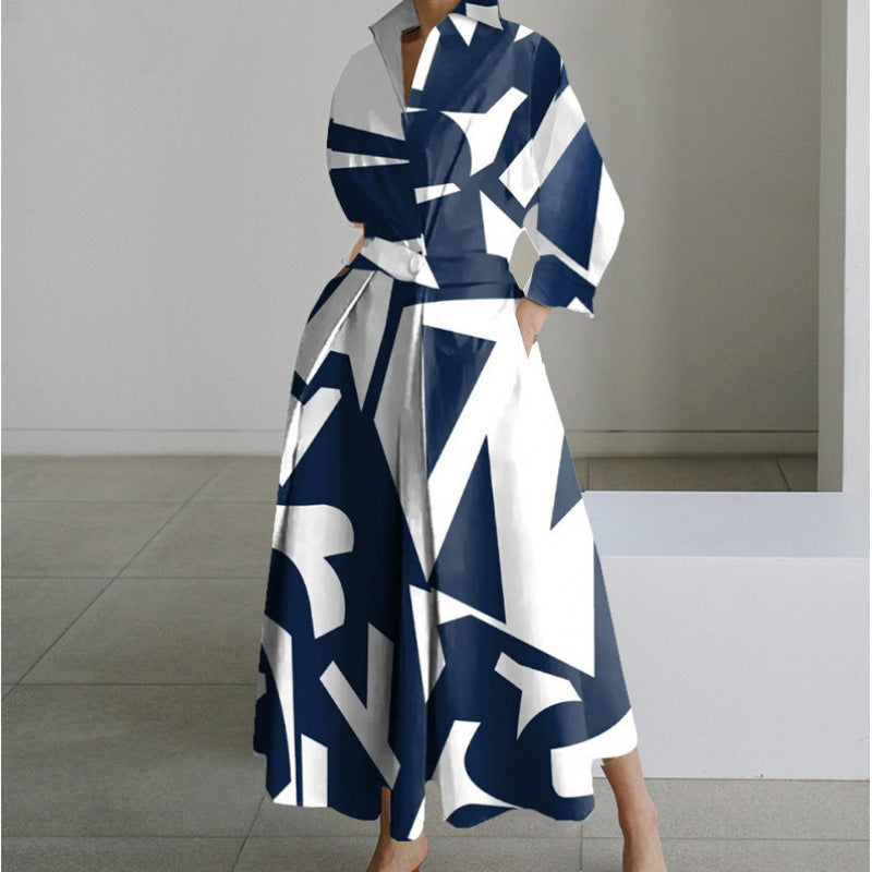Women's Wrap Midi Dress Collared Long Sleeve