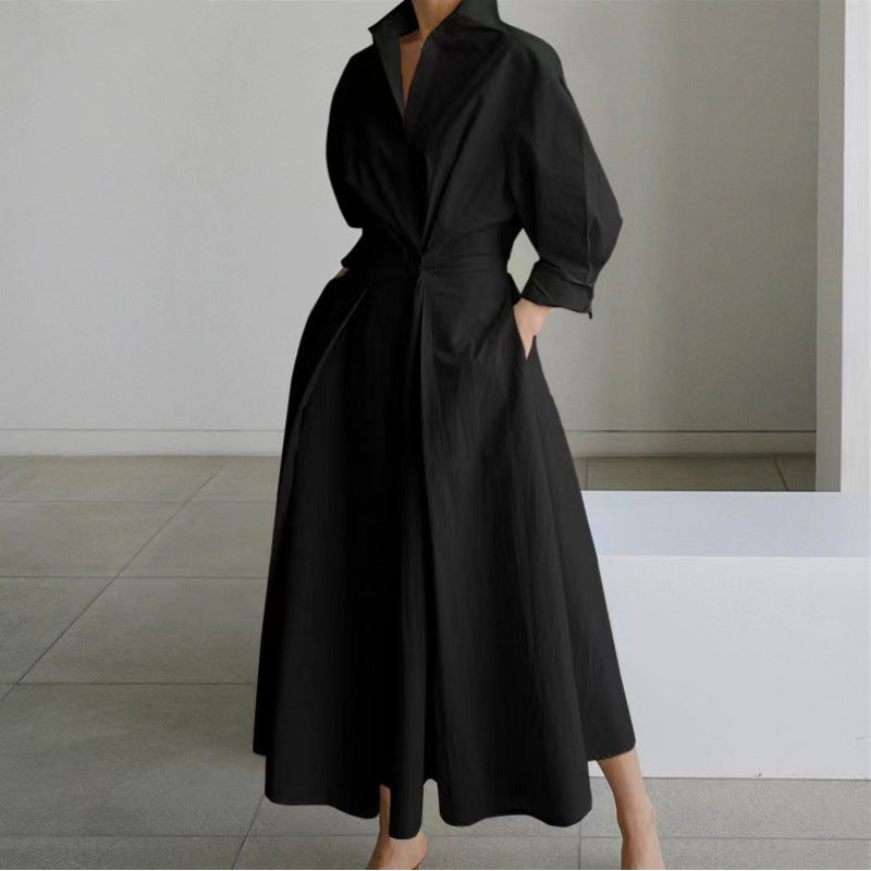 Women's Wrap Midi Dress Collared Long Sleeve
