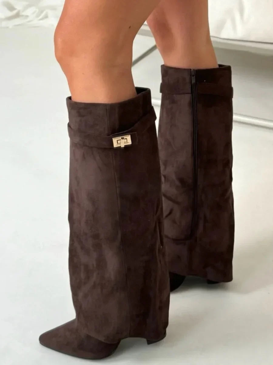 Women's Knee-High Suede Boots - Fold-Over Pointed Toe with Metallic Buckle