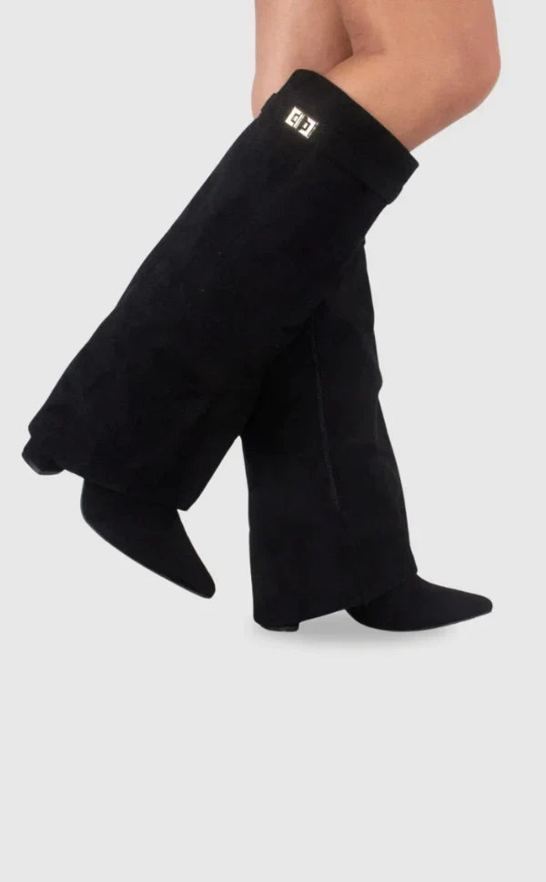Women's Knee-High Suede Boots - Fold-Over Pointed Toe with Metallic Buckle