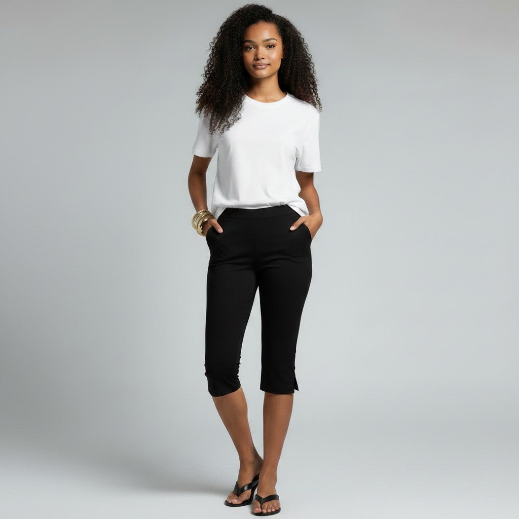 Women's Cropped Capri Trousers - Elasticated Waist with Side Pockets