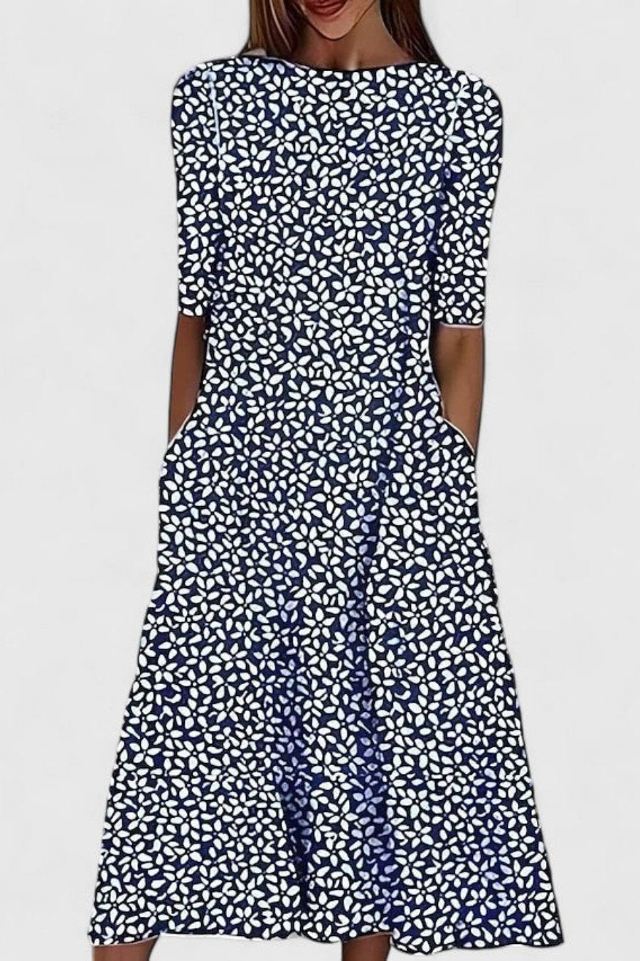 Women's Cotton Floral A-Line Midi Dress with Pockets