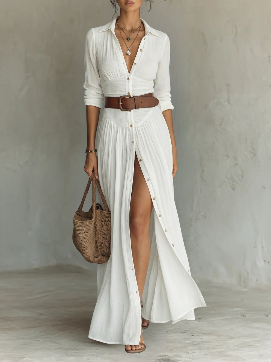Women's Boho Maxi Shirt Dress with Button Placket and Belt
