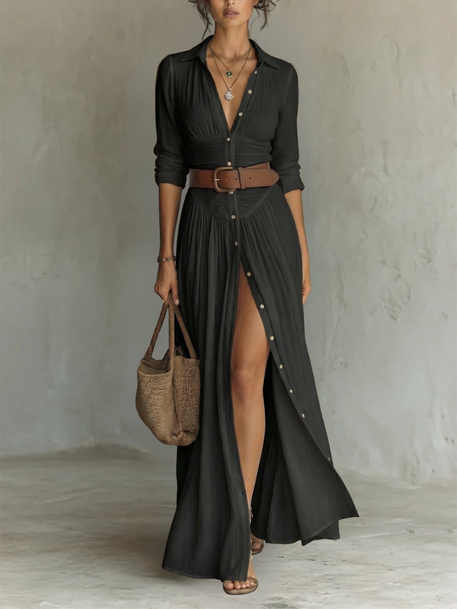 Women's Boho Maxi Shirt Dress with Button Placket and Belt
