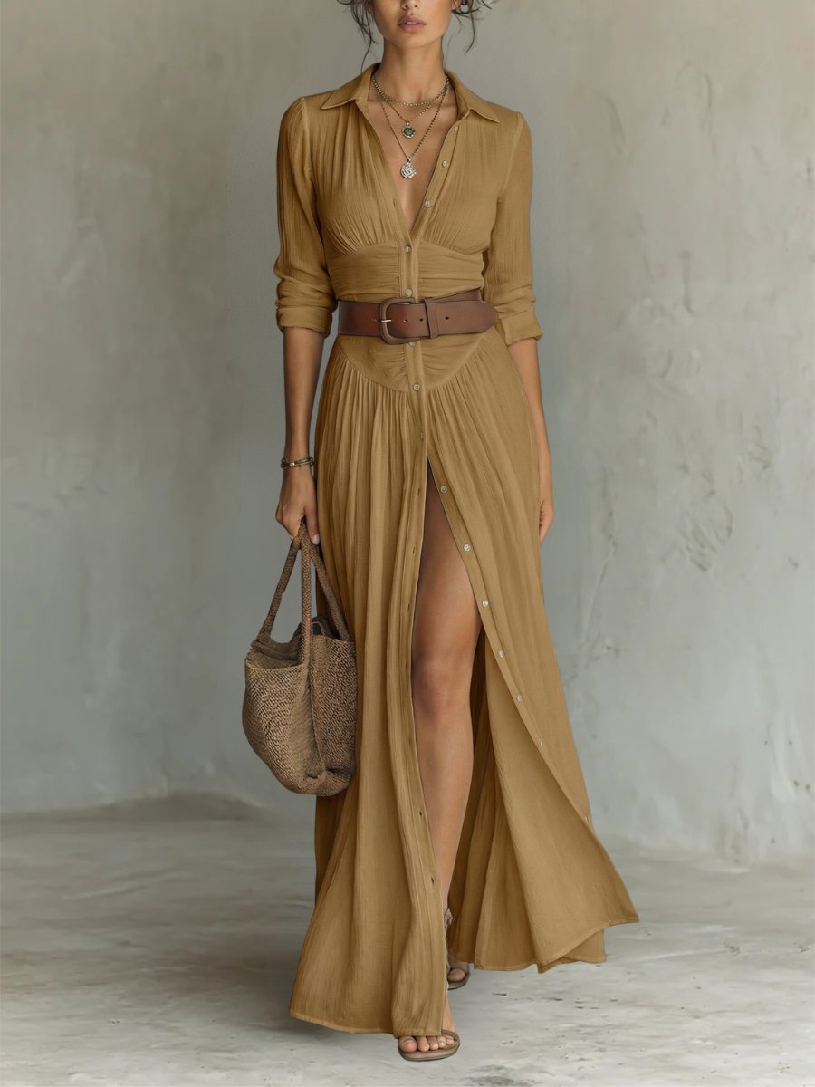 Women's Boho Maxi Shirt Dress with Button Placket and Belt