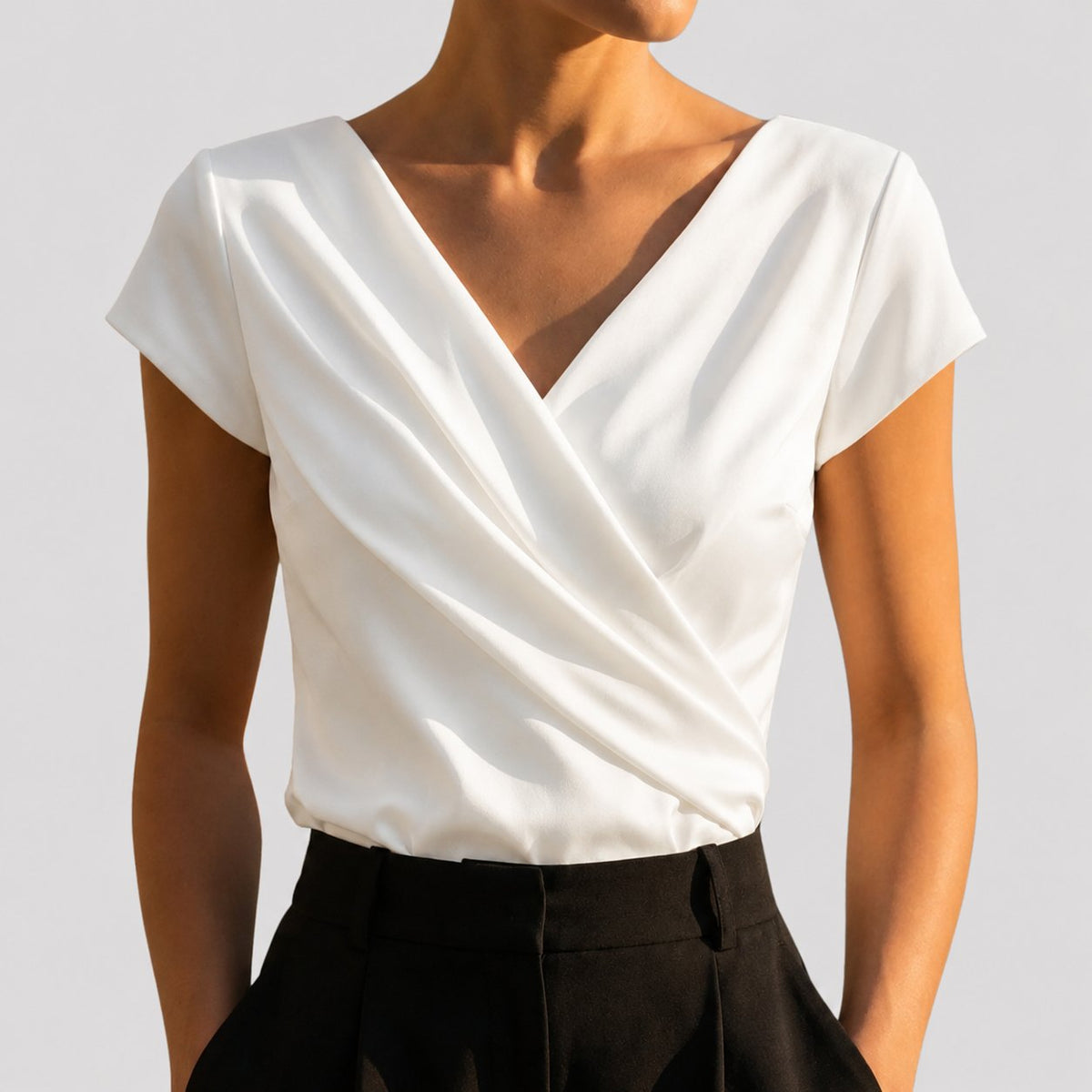 Women's Draped Wrap Blouse - V-Neck Cap Sleeve