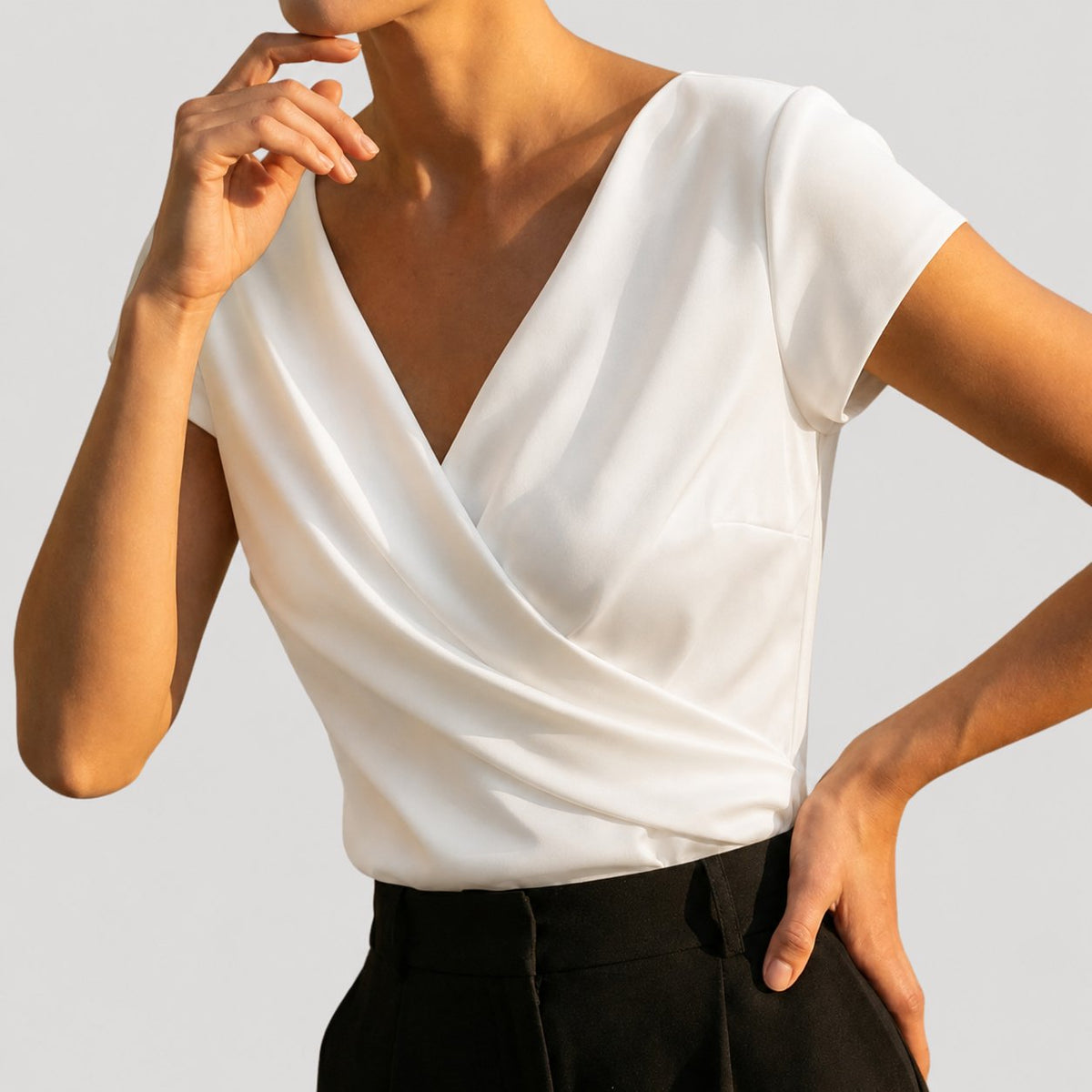 Women's Draped Wrap Blouse - V-Neck Cap Sleeve