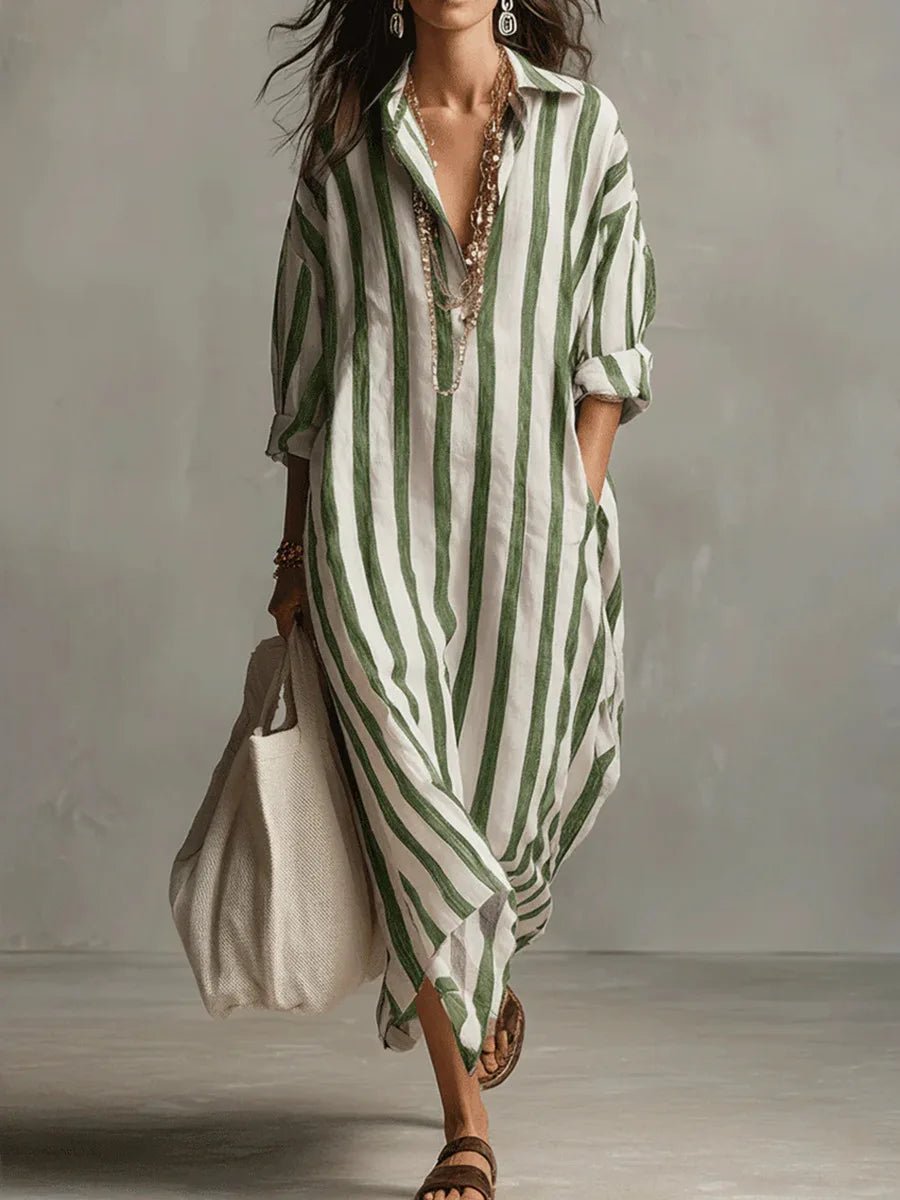 Women's Striped Linen Shirt Dress - Oversized Maxi Dress