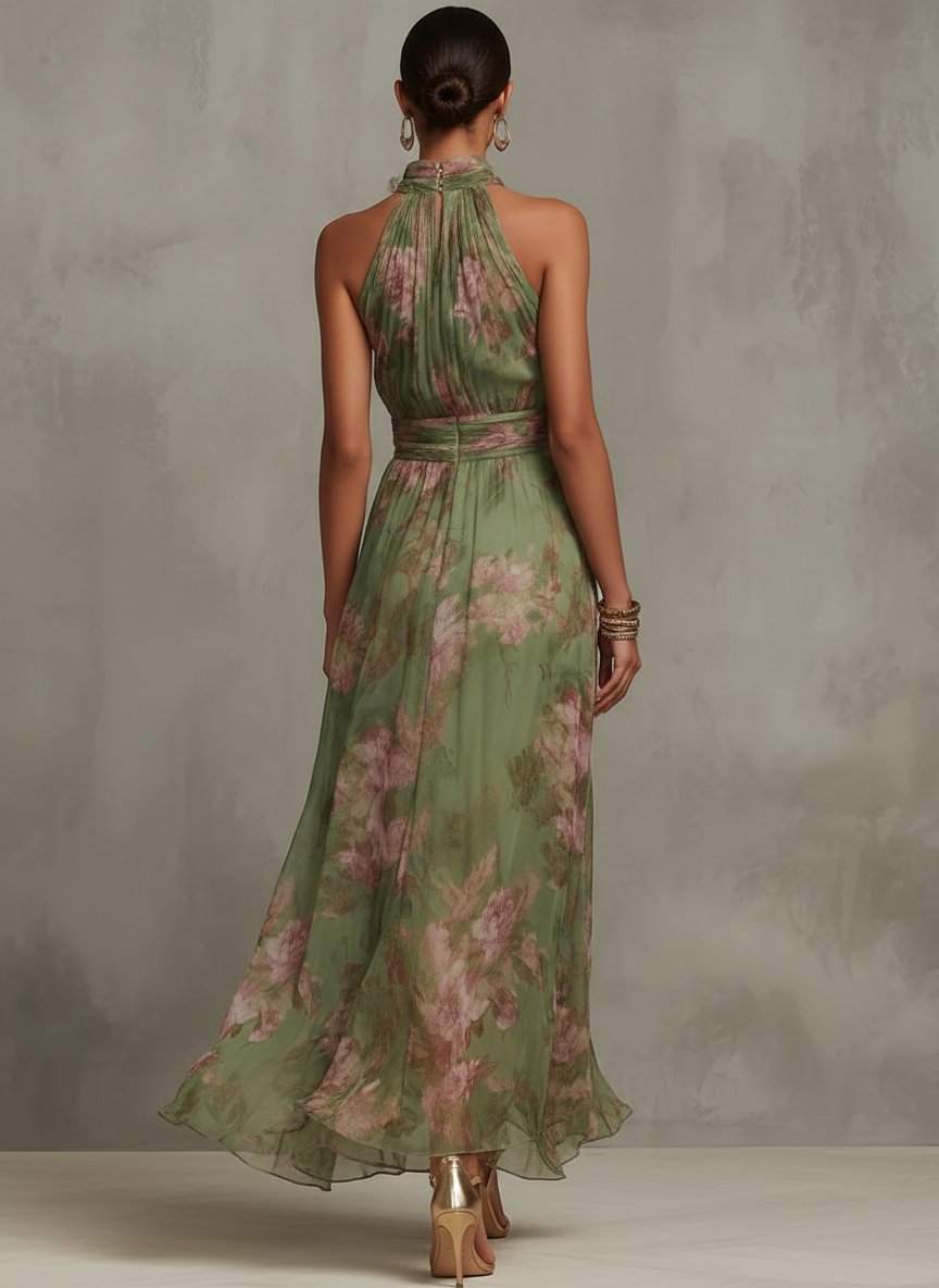Women's Floral Halter Neck Sleeveless Chiffon Maxi Dress