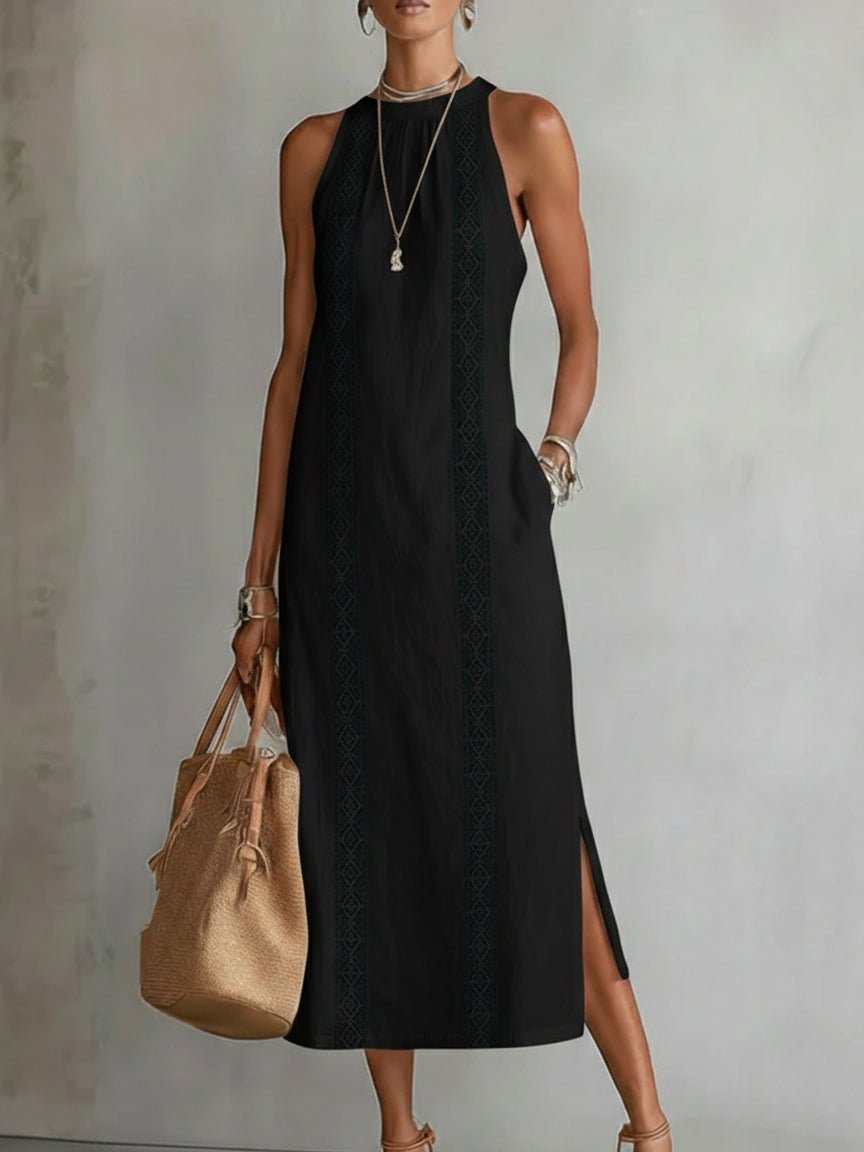 Women's Embroidered Halter Neck Sleeveless Midi Dress