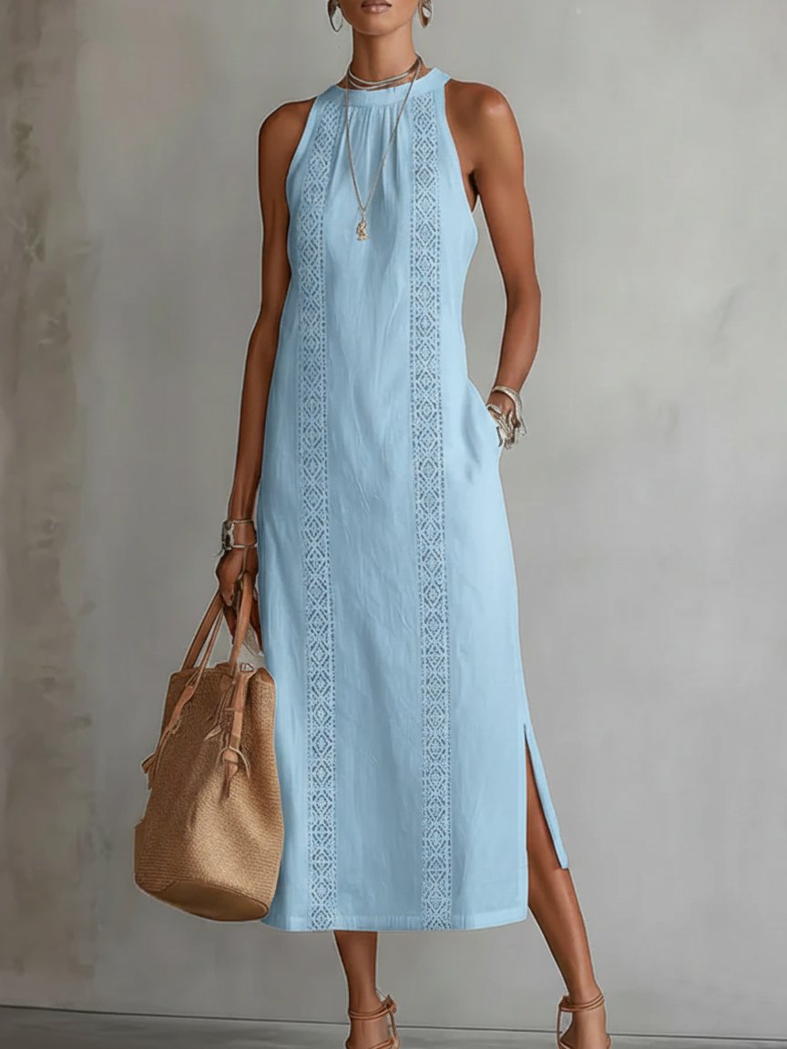 Women's Embroidered Halter Neck Sleeveless Midi Dress