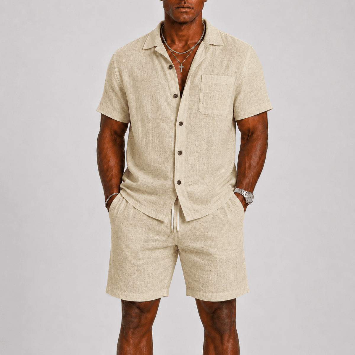 Men's Short-Sleeve Shirt & Shorts Set - Textured Smart-Casual Summer Two-Piece