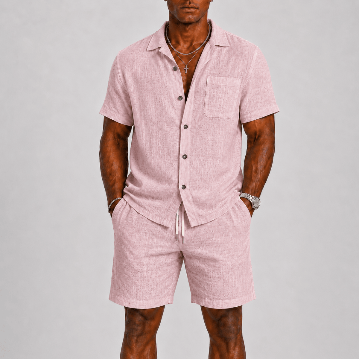 Men's Short-Sleeve Shirt & Shorts Set - Textured Smart-Casual Summer Two-Piece