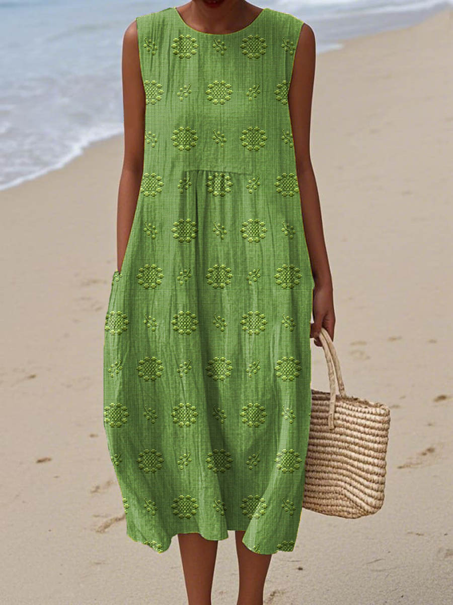 Women's Sleeveless Textured Midi Dress with Pockets