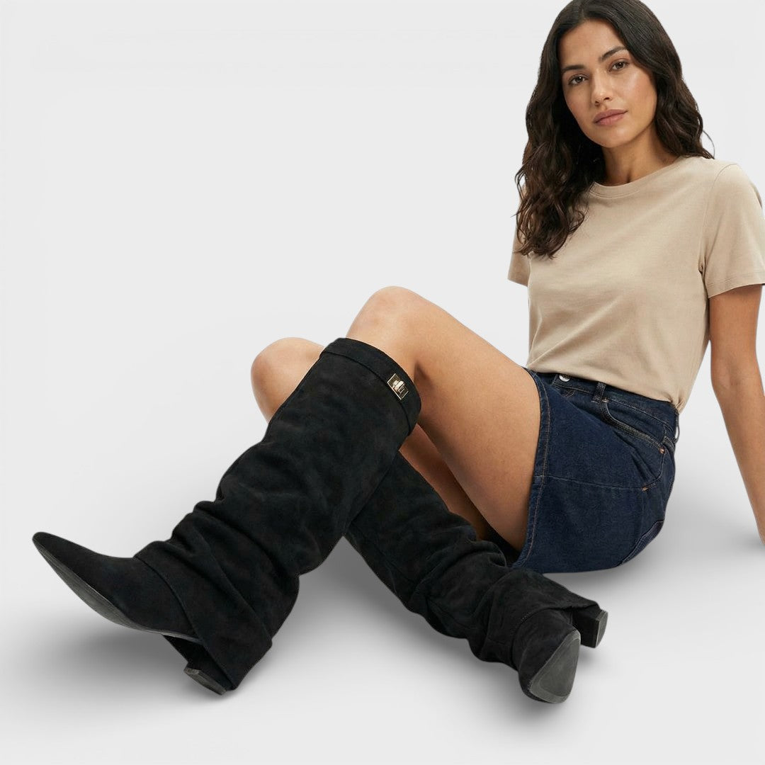 Women's Ruched Knee-High Boots Pointed Toe Side Buckle