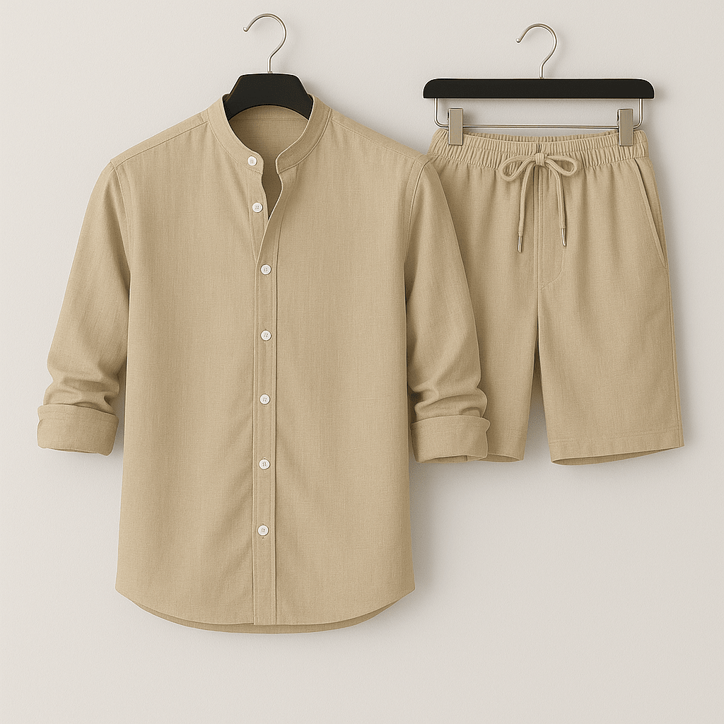 Men's Linen-Look Shirt & Shorts Set - Stand Collar Two-Piece Summer Outfit