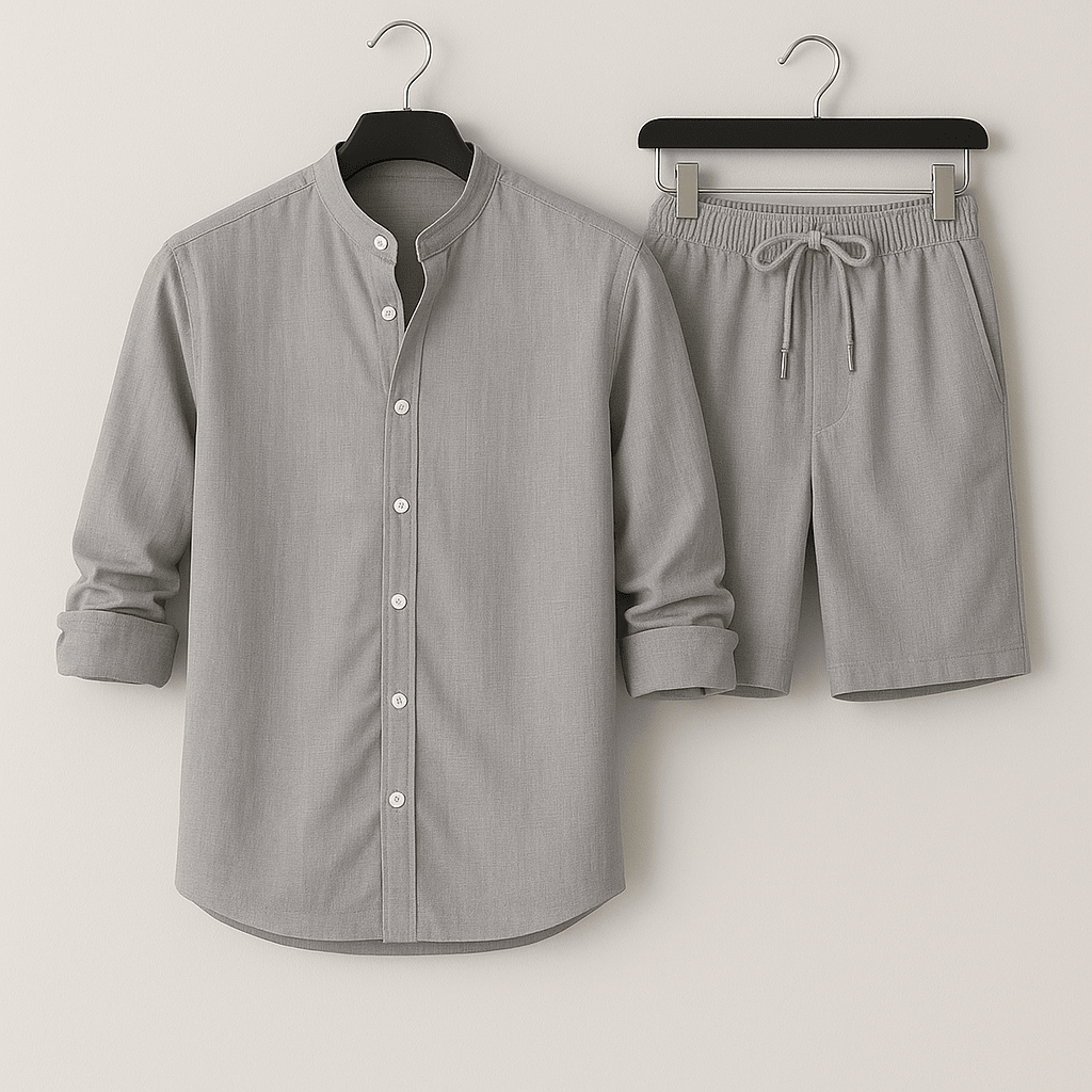 Men's Linen-Look Shirt & Shorts Set - Stand Collar Two-Piece Summer Outfit