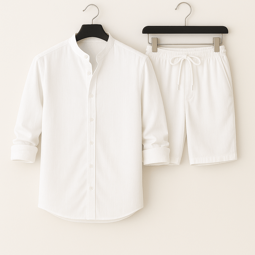 Men's Linen-Look Shirt & Shorts Set - Stand Collar Two-Piece Summer Outfit