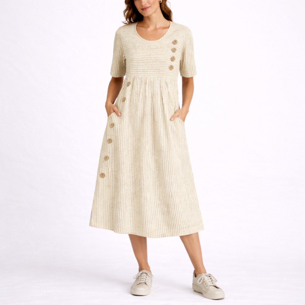 Women's Striped Midi Dress - Round Neck with Button Trim and Pockets