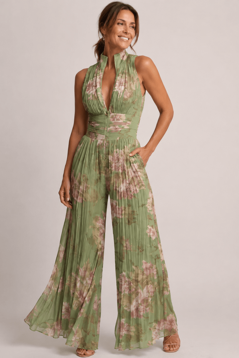 Women's Halter Neck Floral Jumpsuit - Wide-Leg Pleated Design with Deep V Front