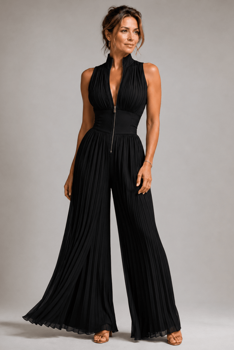 Women's Halter Neck Floral Jumpsuit - Wide-Leg Pleated Design with Deep V Front