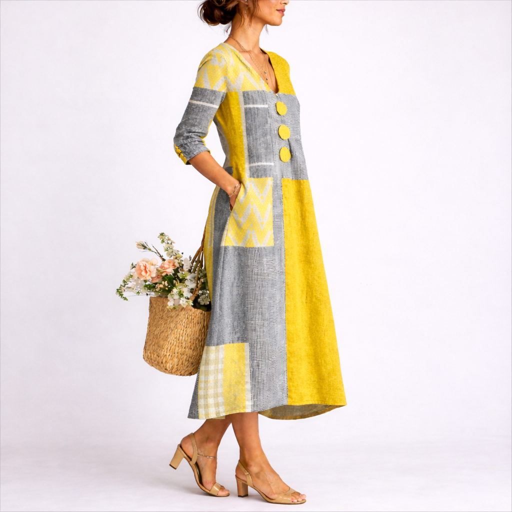 Women's Yellow & Grey Linen-Blend Wrap Midi Dress - V-Neck 3/4 Sleeve