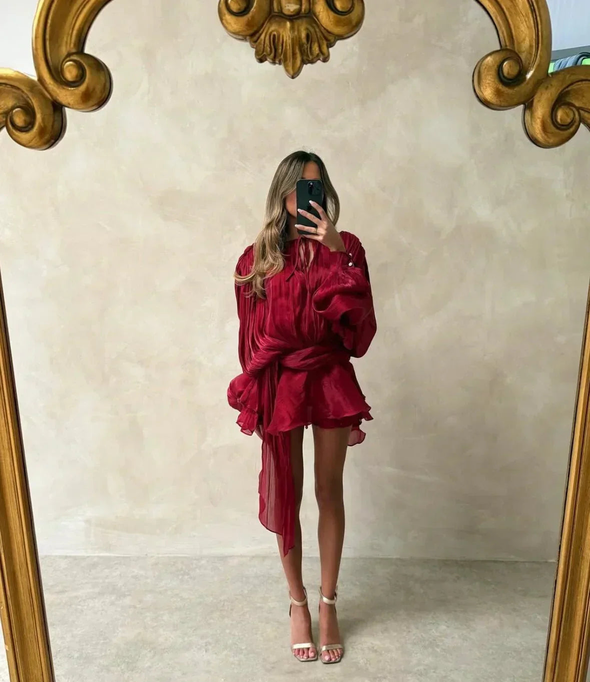 Women's Pleated Puff-Sleeve Mini Dress - Flowy Tie-Waist Summer Dress