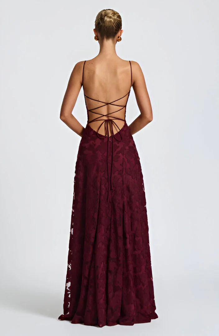 Women's Floral Maxi Dress - Thin Strap Lace-Up Back Evening Gown