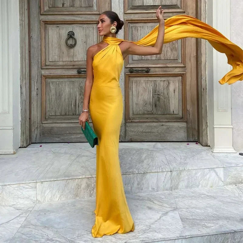Women's Draped One-Shoulder Maxi Dress - Asymmetric Strap Evening Gown