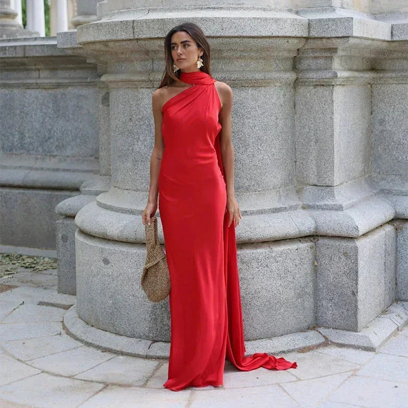 Women's Draped One-Shoulder Maxi Dress - Asymmetric Strap Evening Gown