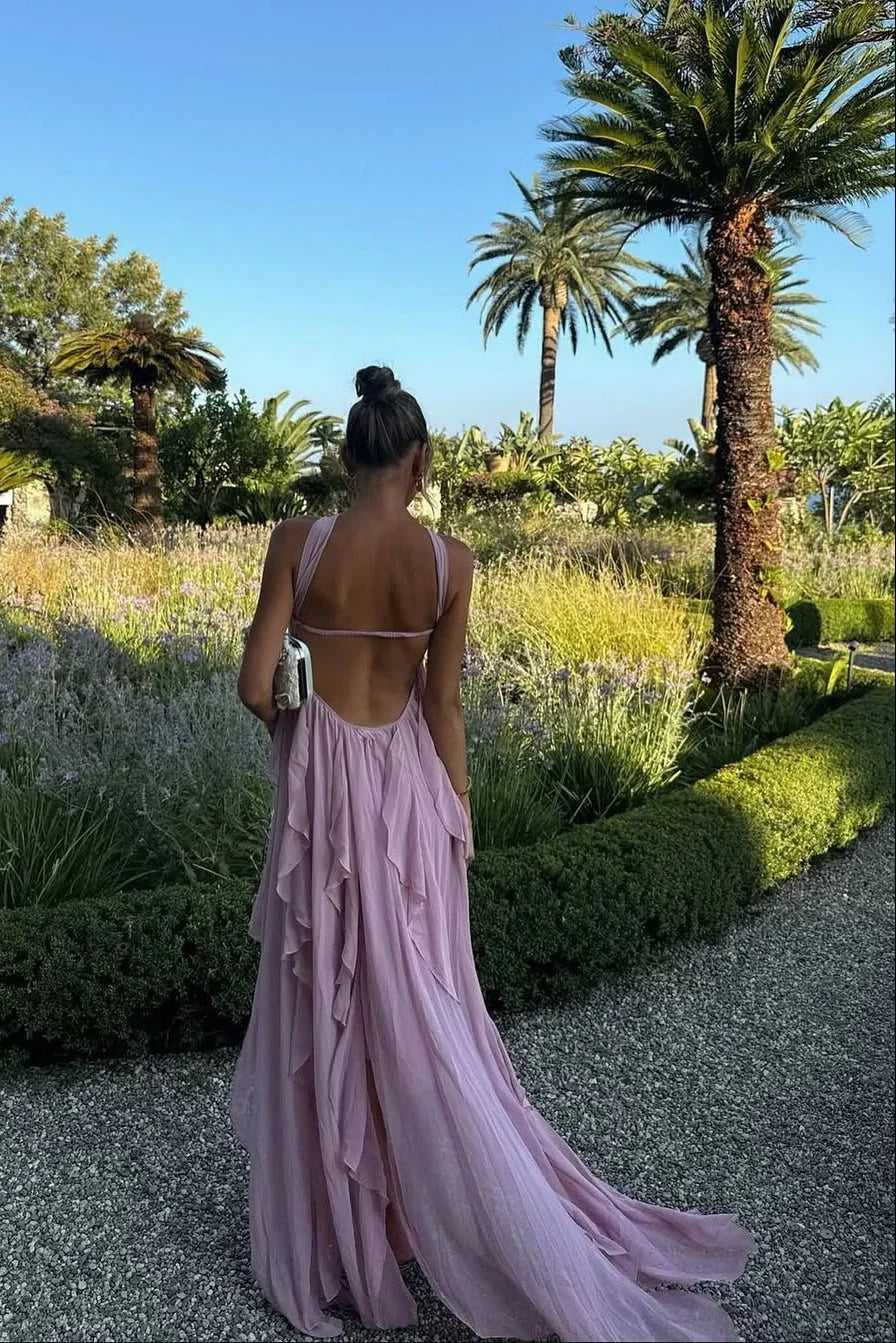 Women's Ruffled Halter Neck Maxi Dress - Cut-Out Back Evening Gown