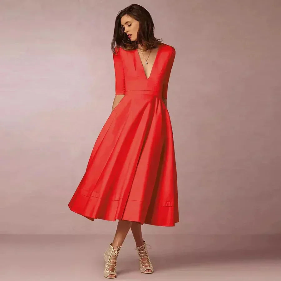 Women's Flared V-Neck Midi Dress with 3/4 Sleeves and Pockets