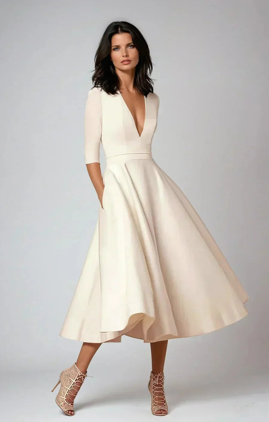 Women's Flared V-Neck Midi Dress with 3/4 Sleeves and Pockets