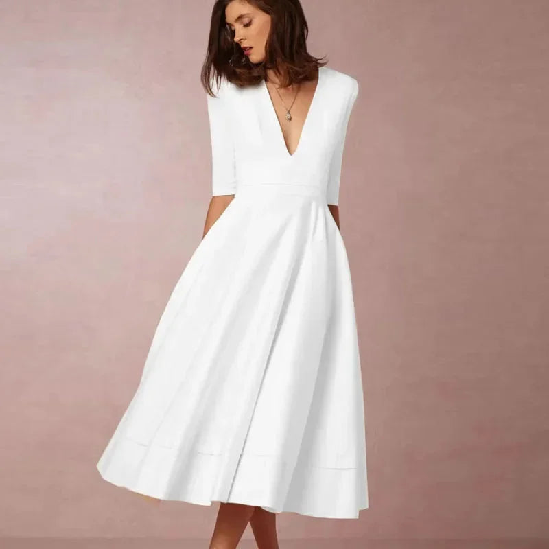Women's Flared V-Neck Midi Dress with 3/4 Sleeves and Pockets
