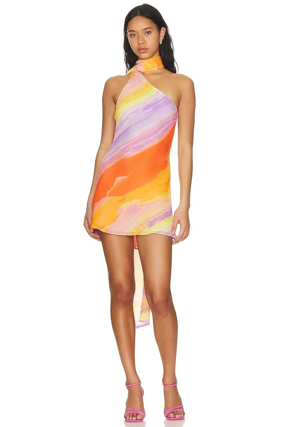 Women's Orange Ombré Halter Mini Dress Asymmetric Backless
