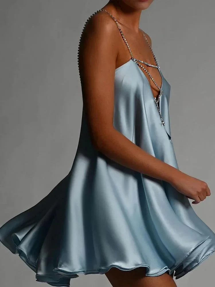 Women's Chain-Strap Satin Mini Dress Backless Evening Party