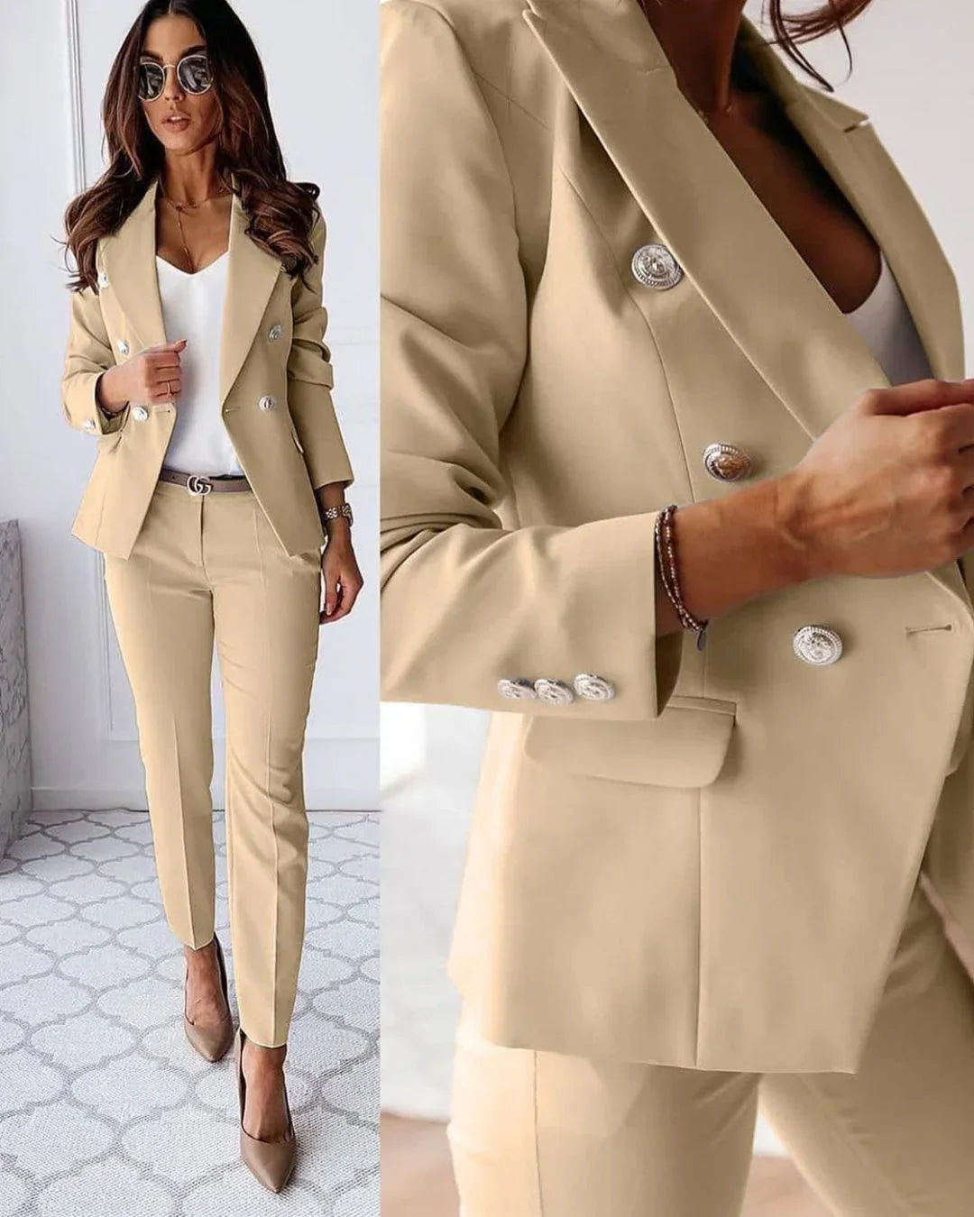 Women's Double-Breasted Tailored Suit Set - Blazer & Trousers