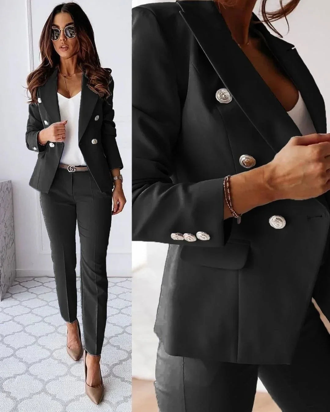 Women's Double-Breasted Tailored Suit Set - Blazer & Trousers