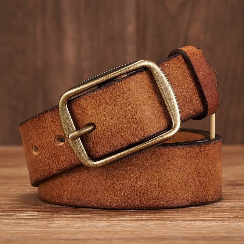Unisex Vintage Full-Grain Leather Belt Antique Brass Buckle
